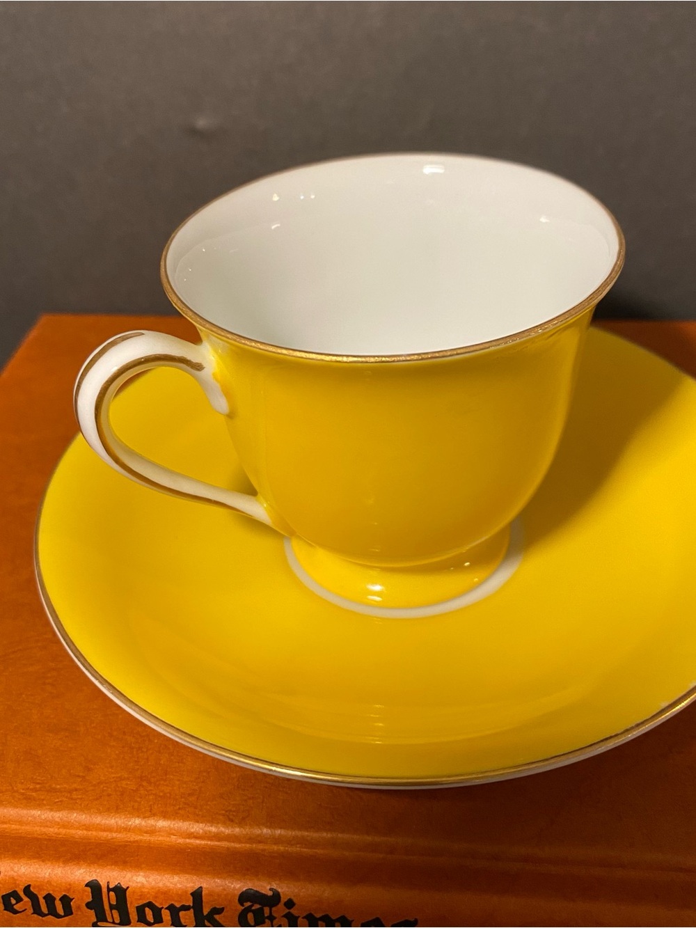 Noritake Demitasse Yellow Porcelain Teacup and Saucer Gold Trim - 1930s Vintage